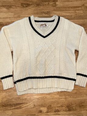 Cream V-Neck Cable Knit Sweater with Black Trim